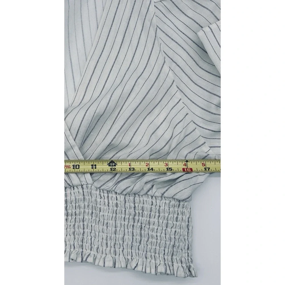 Zara Linen Blend Pin-striped Cross Wrapped Crop Top Smocked Waist 3/4 Puff XL
